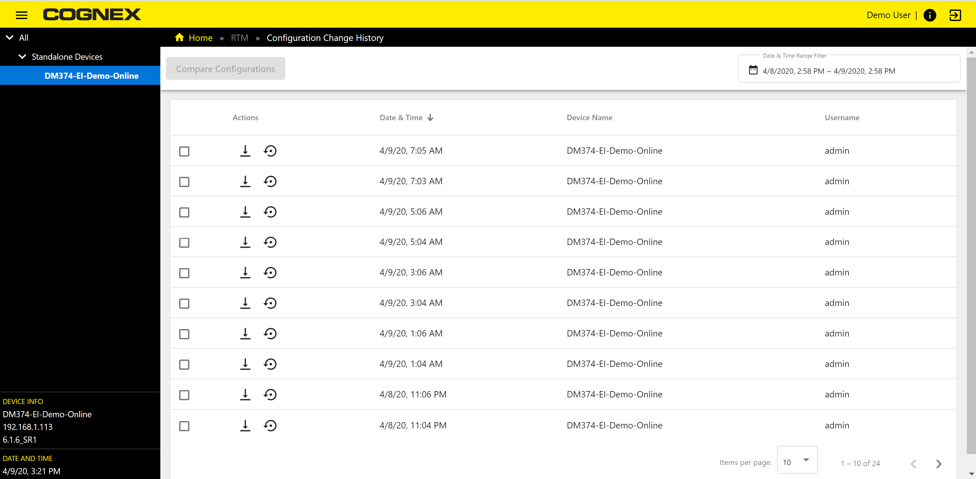 This is the Configuration Change History page.